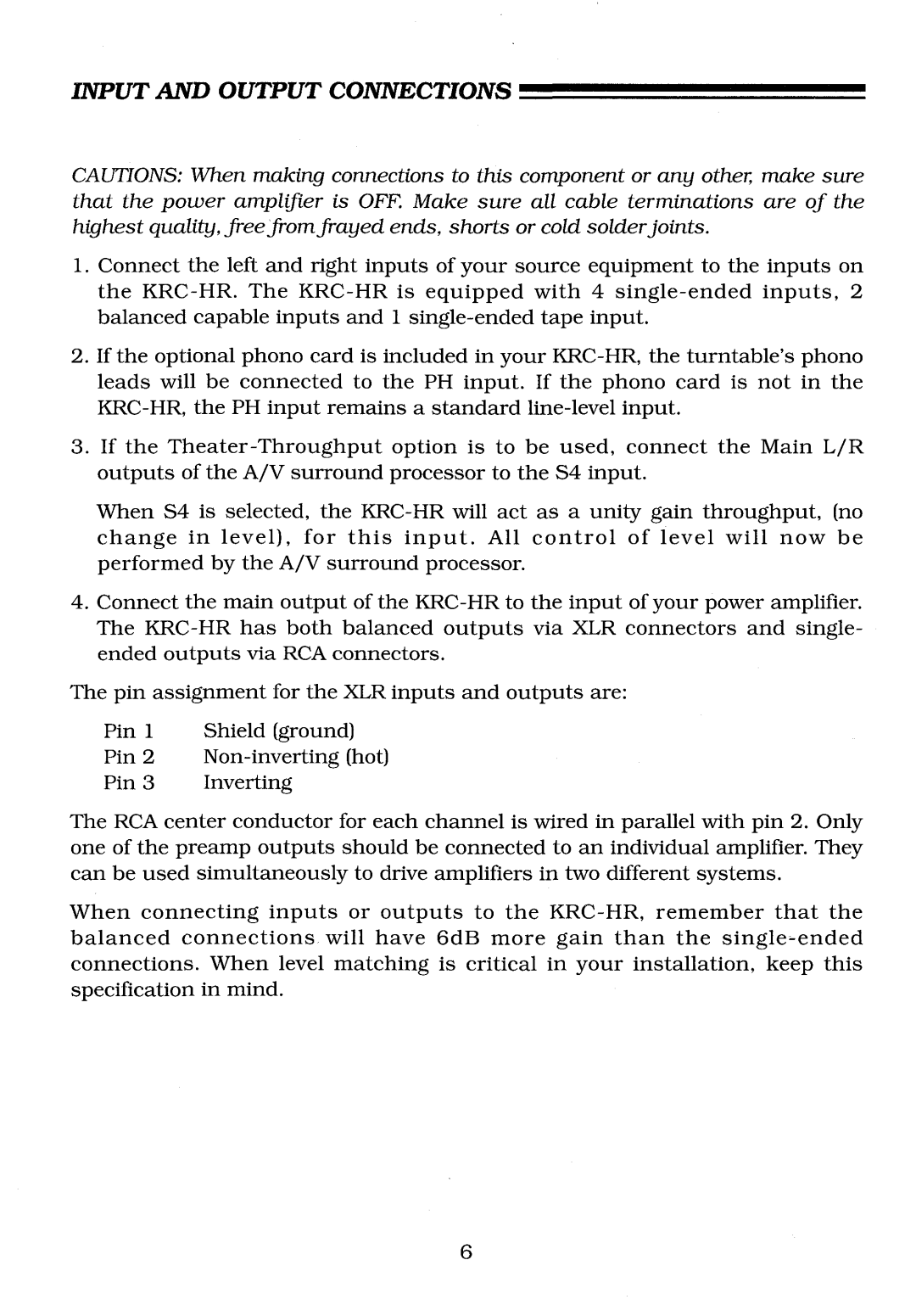 Krell Industries KRC-HR manual Input and Output Connections 