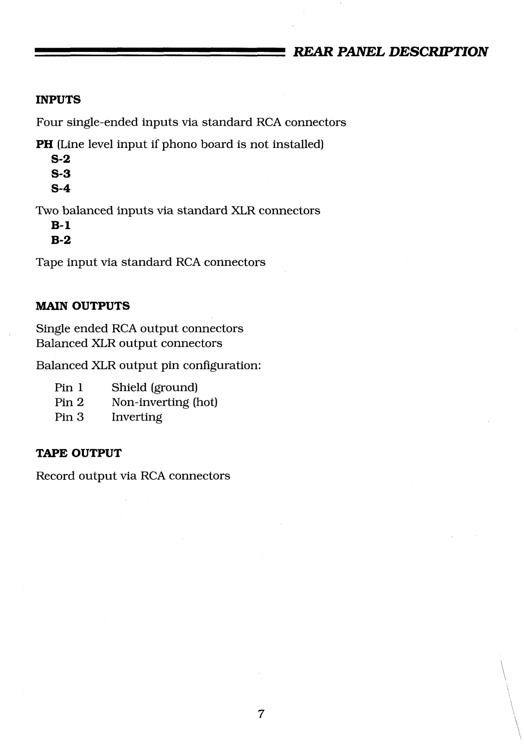 Krell Industries KRC-HR manual Rear Panel Description, Inputs, Main Outputs, Tape Output 