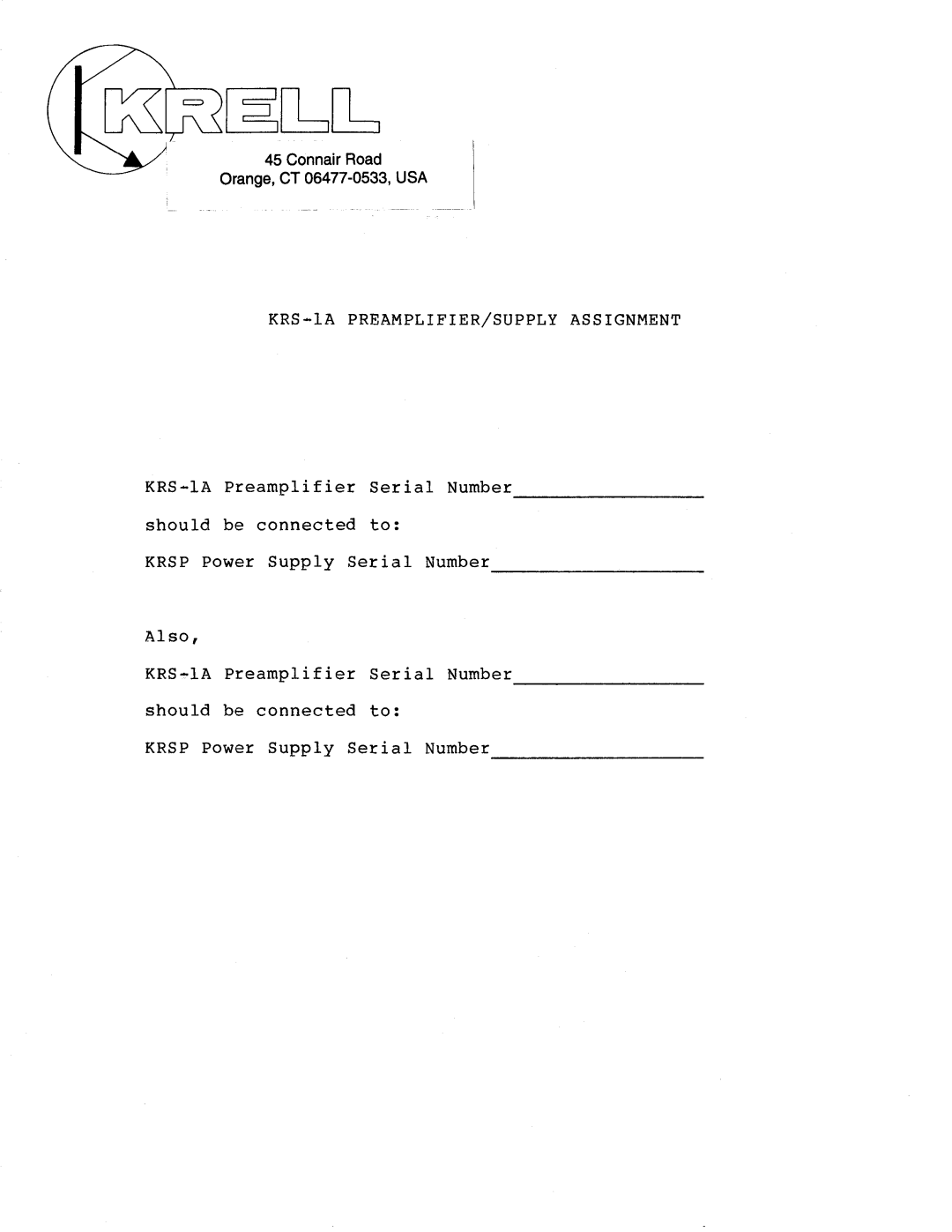 Krell Industries owner manual KRS-IA PREAMPLIFIER/SUPPLY Assignment 