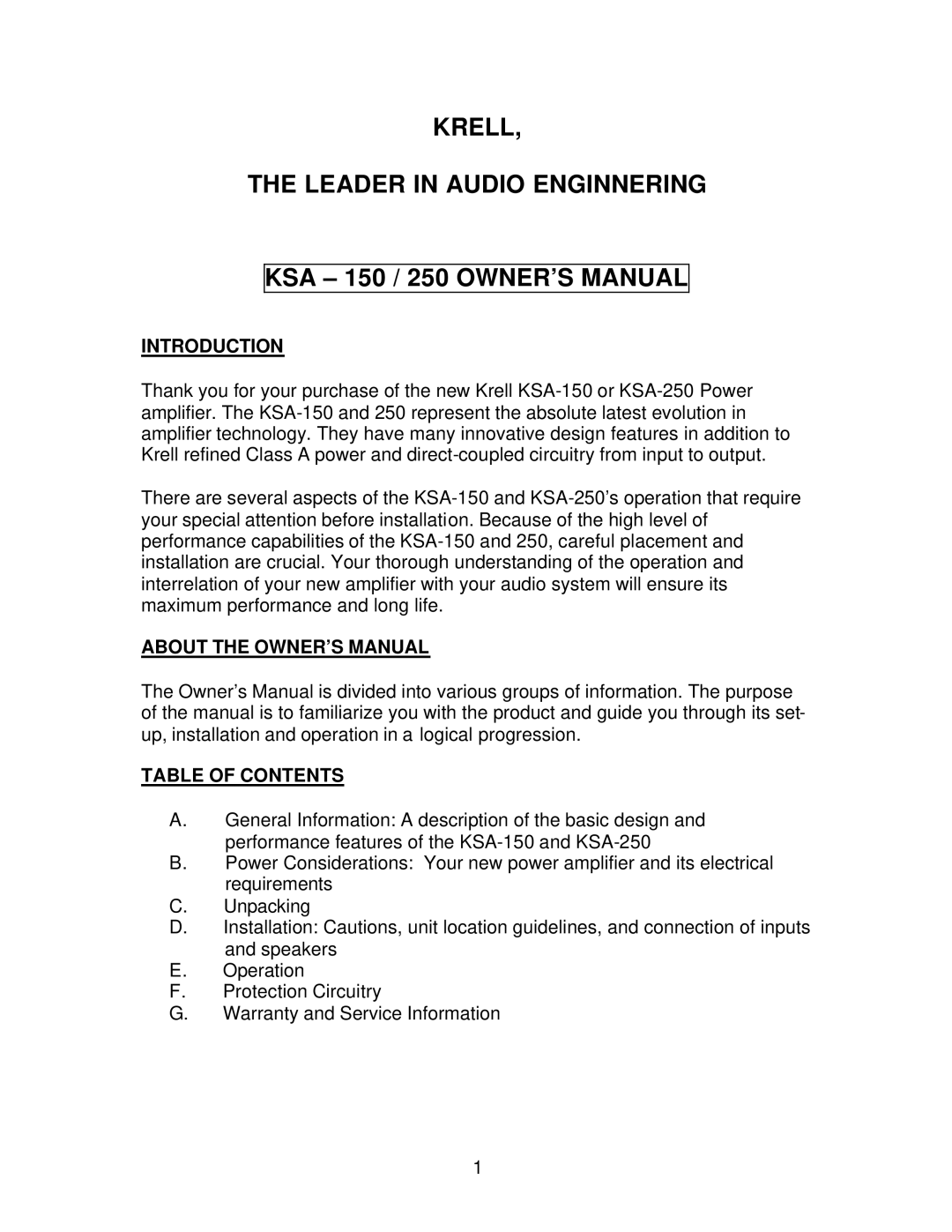 Krell Industries KSA 150 / 250 owner manual Introduction, Table of Contents 