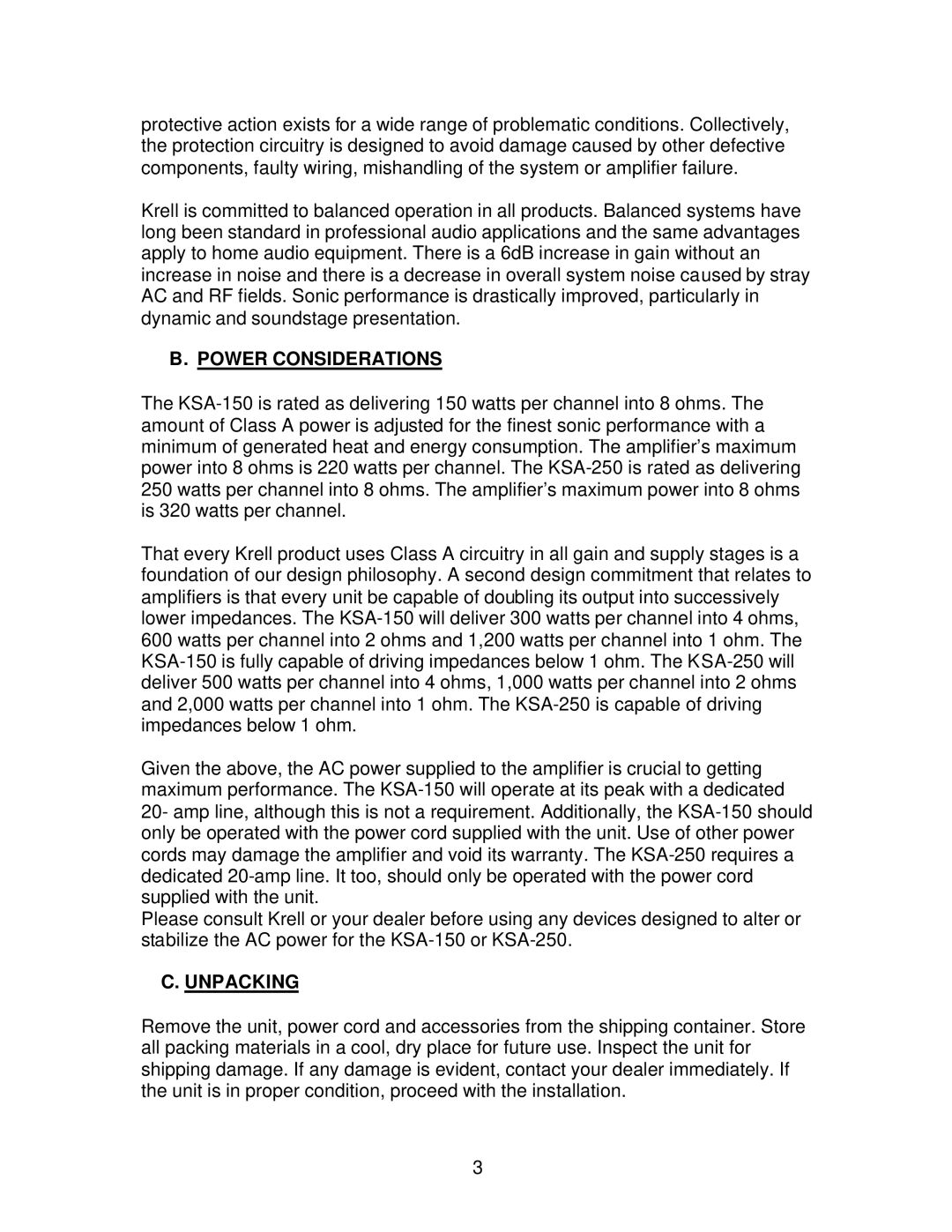 Krell Industries KSA 150 / 250 owner manual Power Considerations, Unpacking 