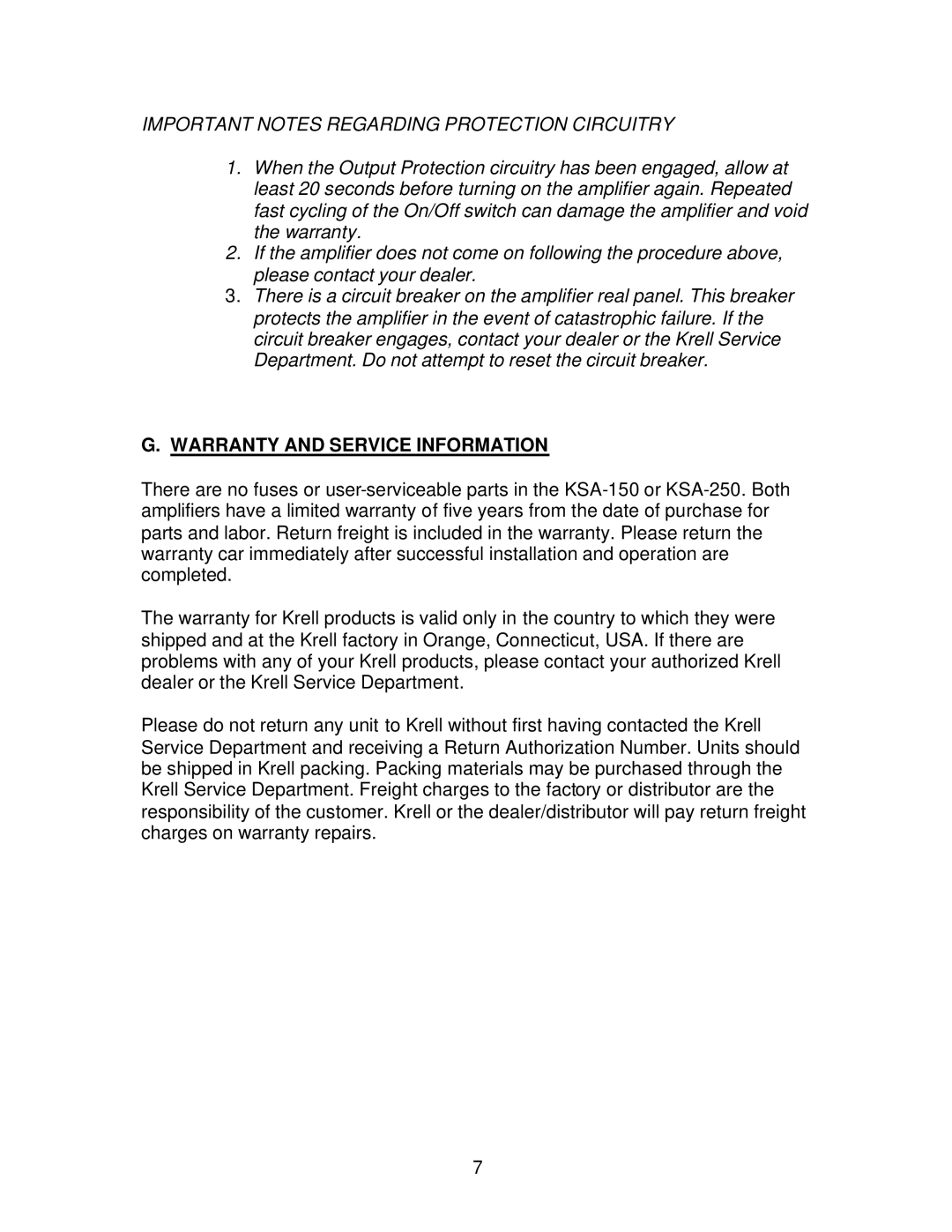 Krell Industries KSA 150 / 250 Important Notes Regarding Protection Circuitry, Warranty and Service Information 