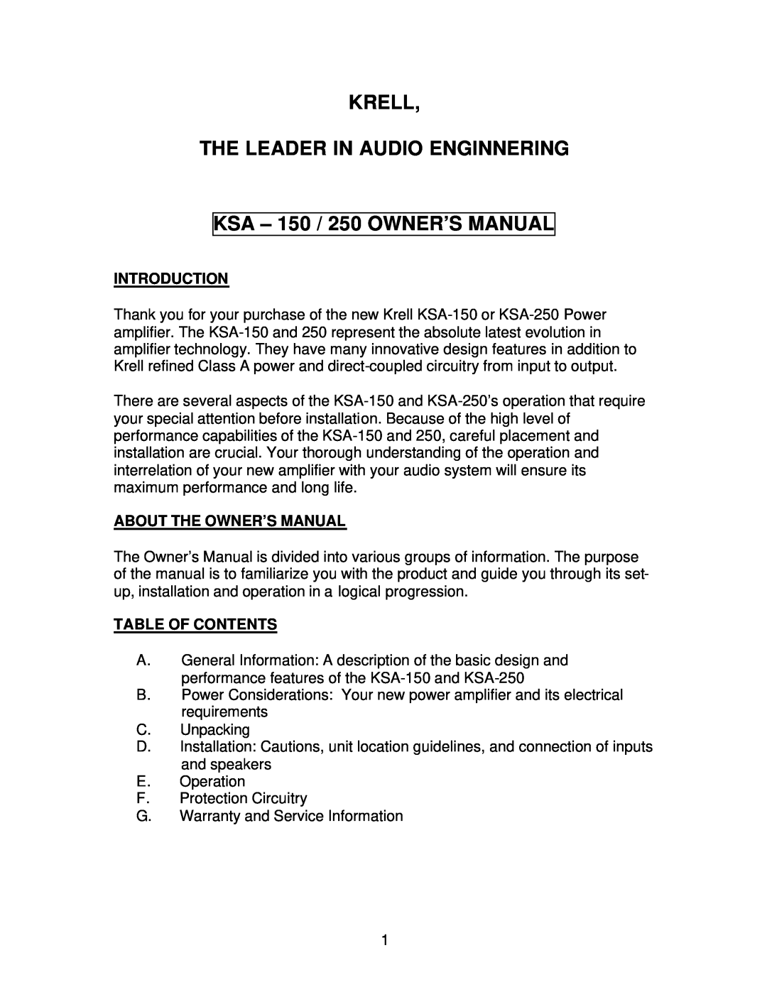 Krell Industries KSA 150 / 250 owner manual Introduction, Table Of Contents, Krell The Leader In Audio Enginnering 