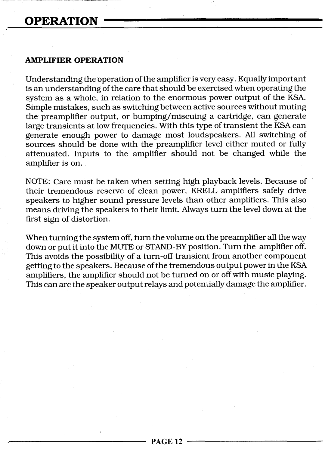 Krell Industries KSA-200S, KSA-300S, KSA-100S manual Amplifier Operation, PAGE12 