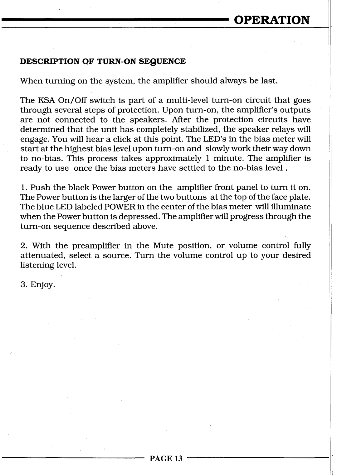 Krell Industries KSA-300S, KSA-200S, KSA-100S manual Description of TURN-ON Sequence 