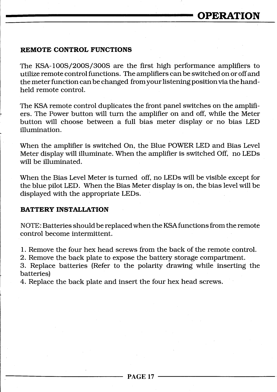 Krell Industries KSA-100S, KSA-200S, KSA-300S manual Remote Control Functions, Battery Installation 