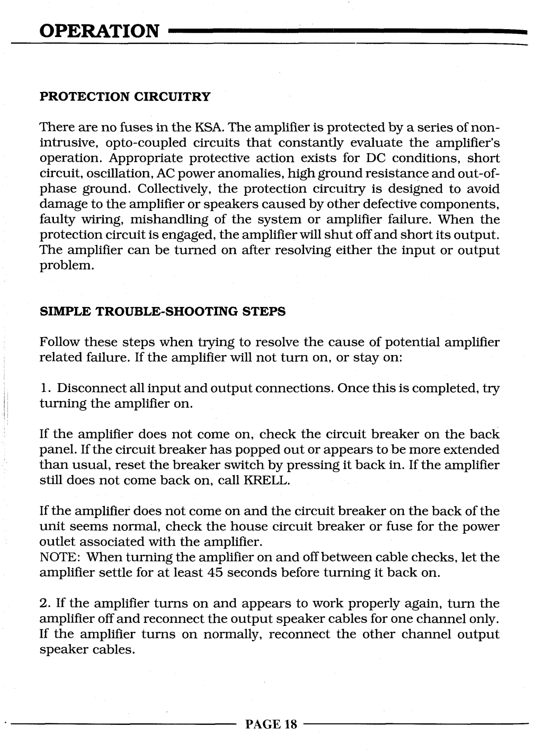 Krell Industries KSA-200S, KSA-300S, KSA-100S manual Protection Circuitry, Simple TROUBLE-SHOOTING Steps 