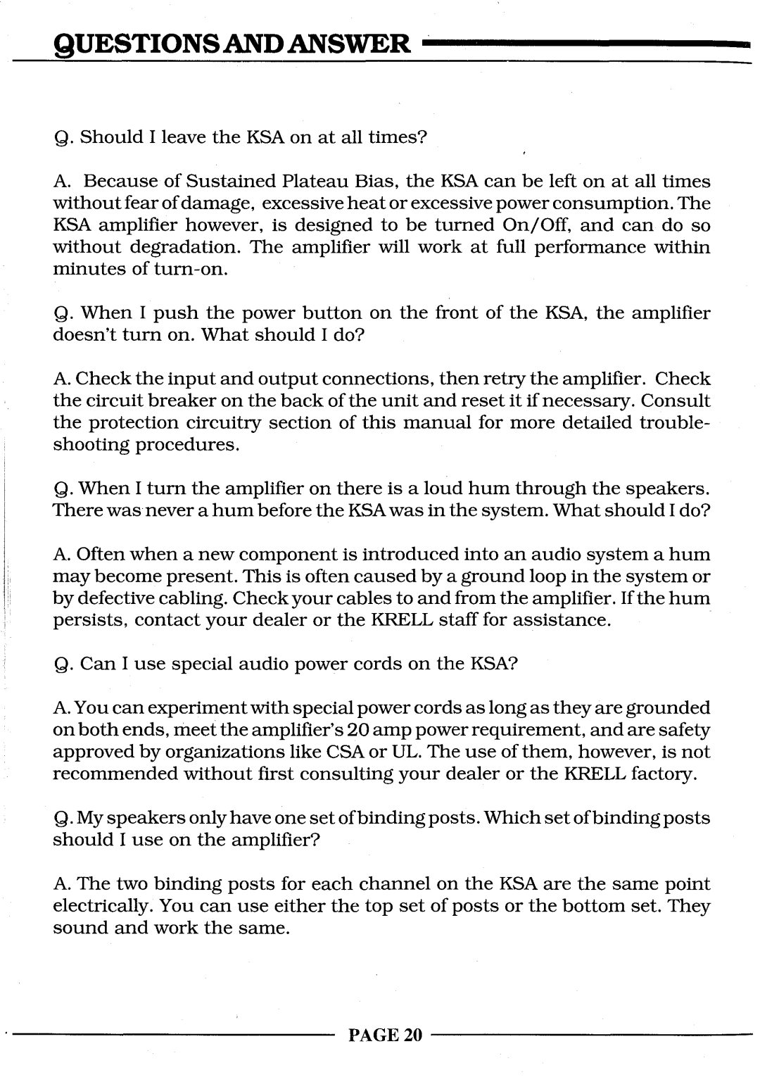 Krell Industries KSA-100S, KSA-200S, KSA-300S manual Questions and Answer 