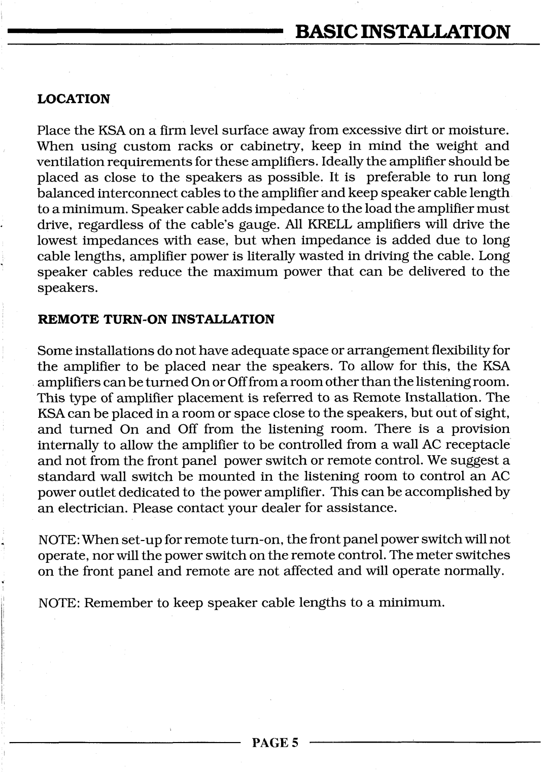 Krell Industries KSA-100S, KSA-200S, KSA-300S manual Basic Installation, Location, Remote TURN-ON Installation 