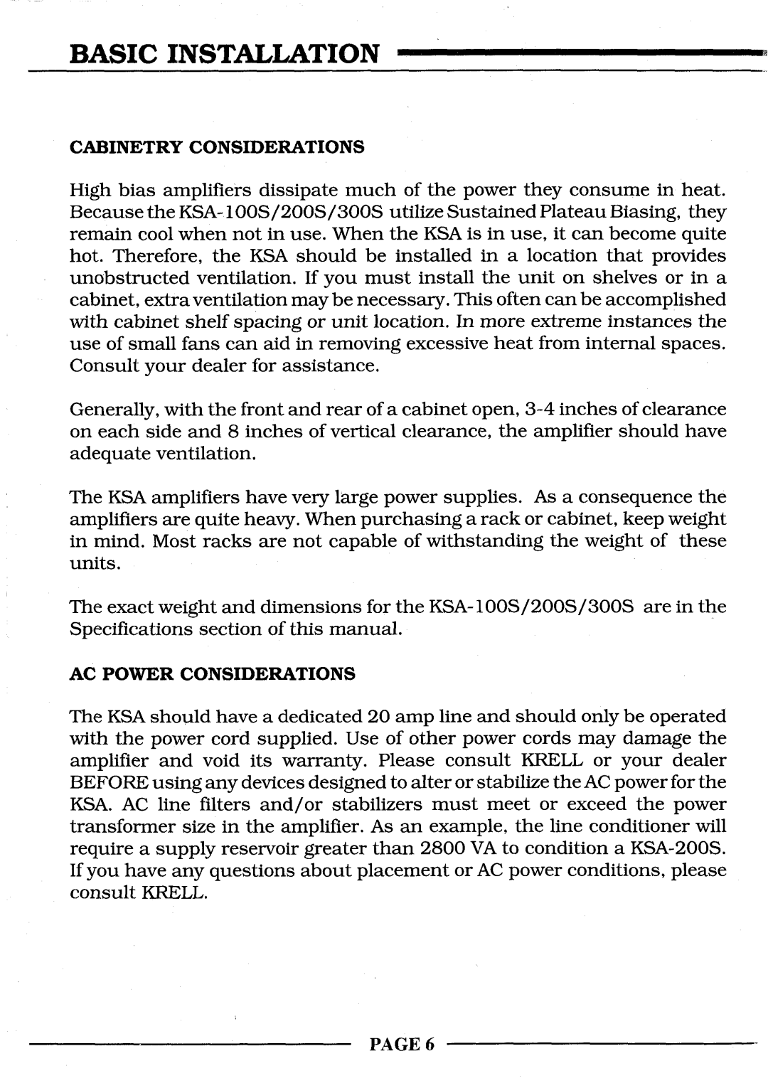 Krell Industries KSA-200S, KSA-300S, KSA-100S manual Cabinetry Considerations, AC Power Considerations 