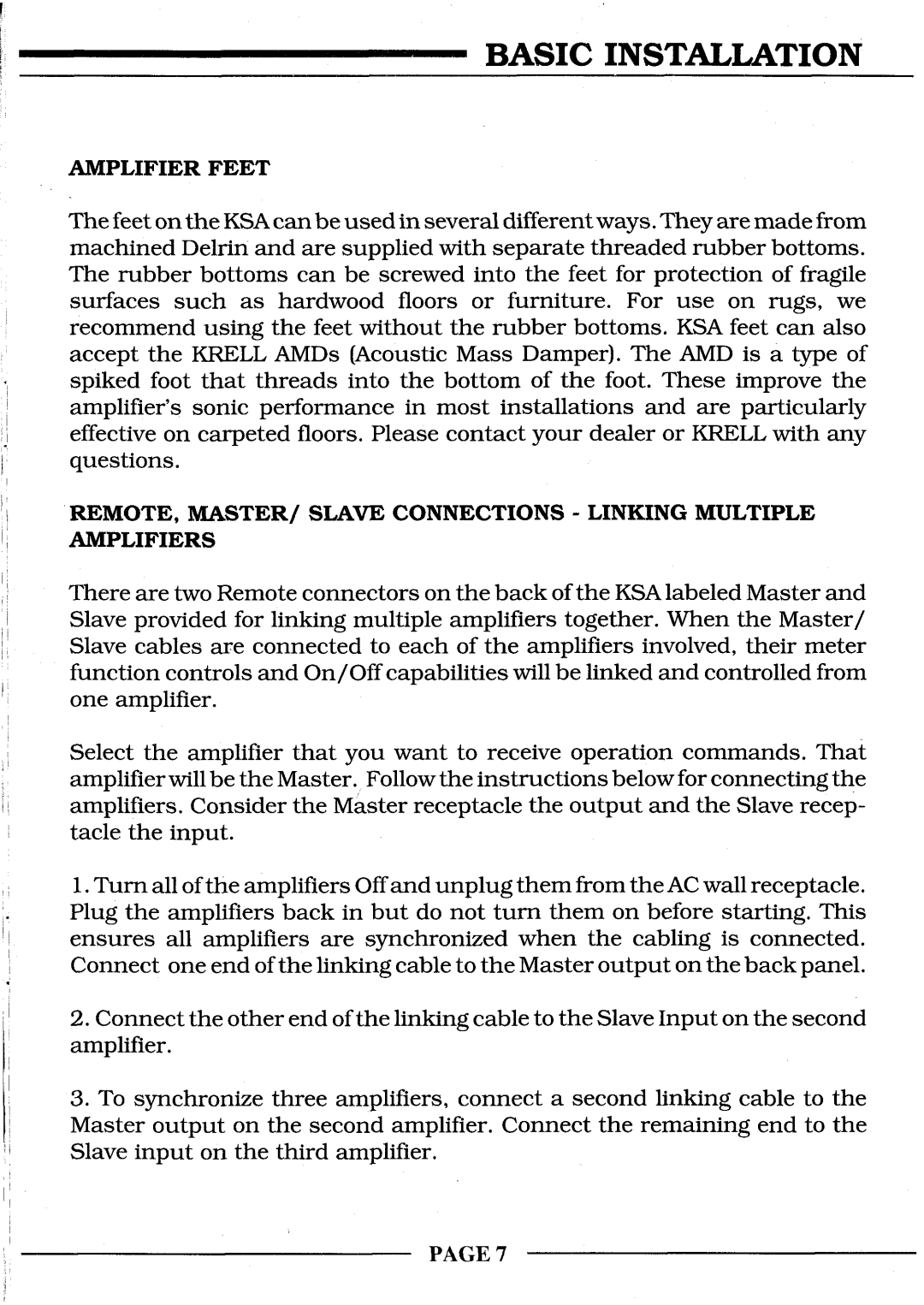 Krell Industries KSA-300S, KSA-200S, KSA-100S Amplifier Feet, REMOTE, MASTER/SLAVE Connections Linking Multiple Amplifiers 