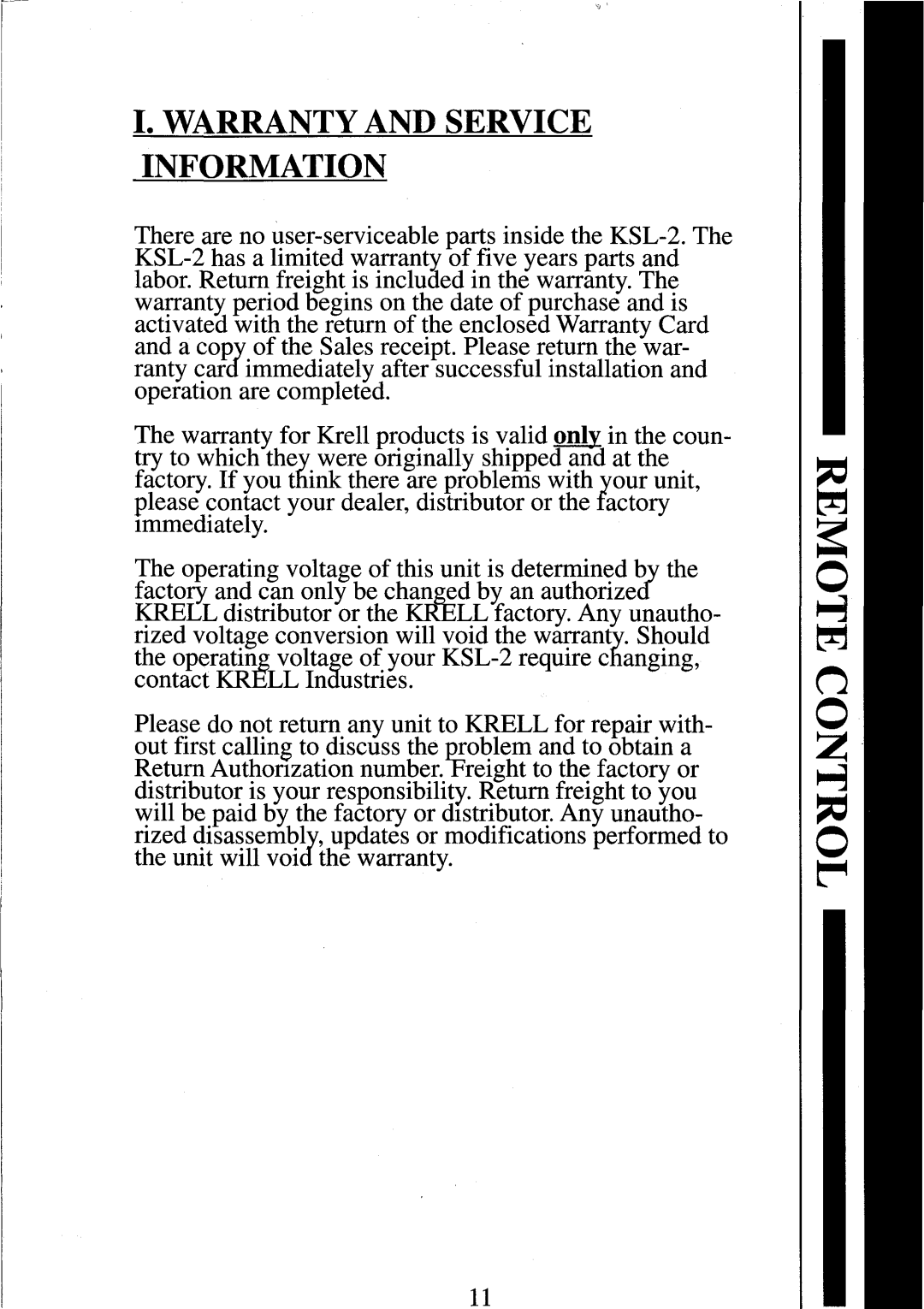 Krell Industries kSL-2 manual Warrantyand Service Information 