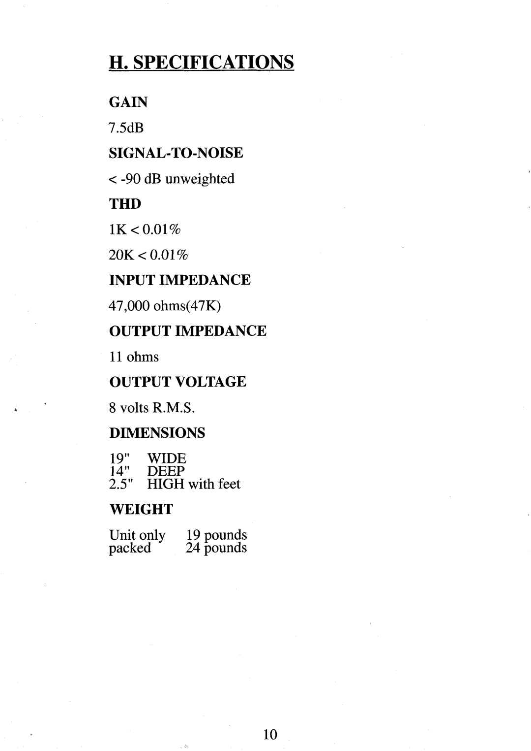 Krell Industries kSL-2 manual H. Specifications, Dimensions, Weight 