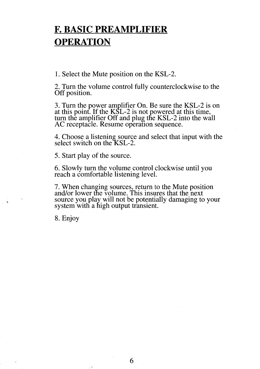 Krell Industries kSL-2 manual F.Basic Preamplifier Operation 