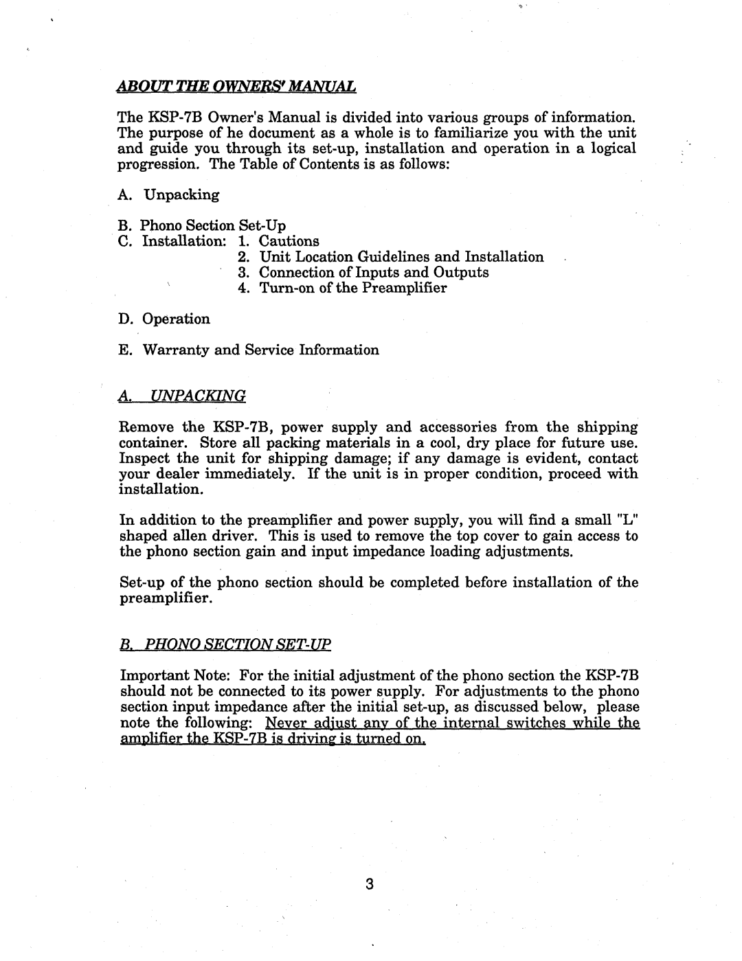 Krell Industries KSP7B owner manual About the OWNERS~ Manual, Unpacking, Phono Section SET-UP 