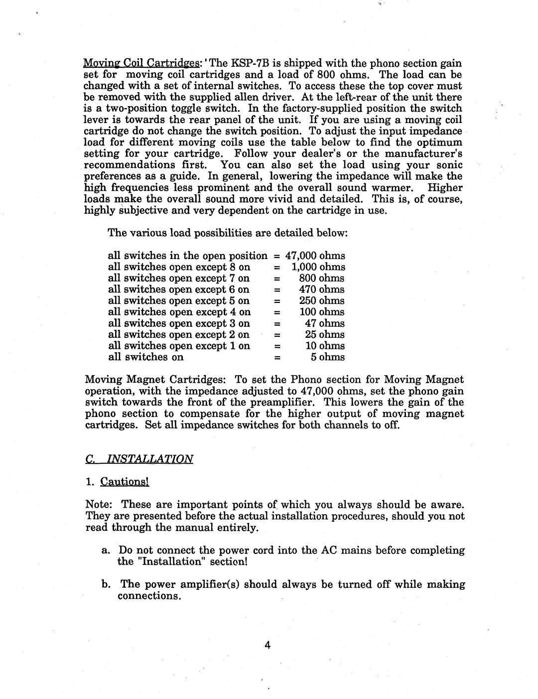 Krell Industries KSP7B owner manual Installation 