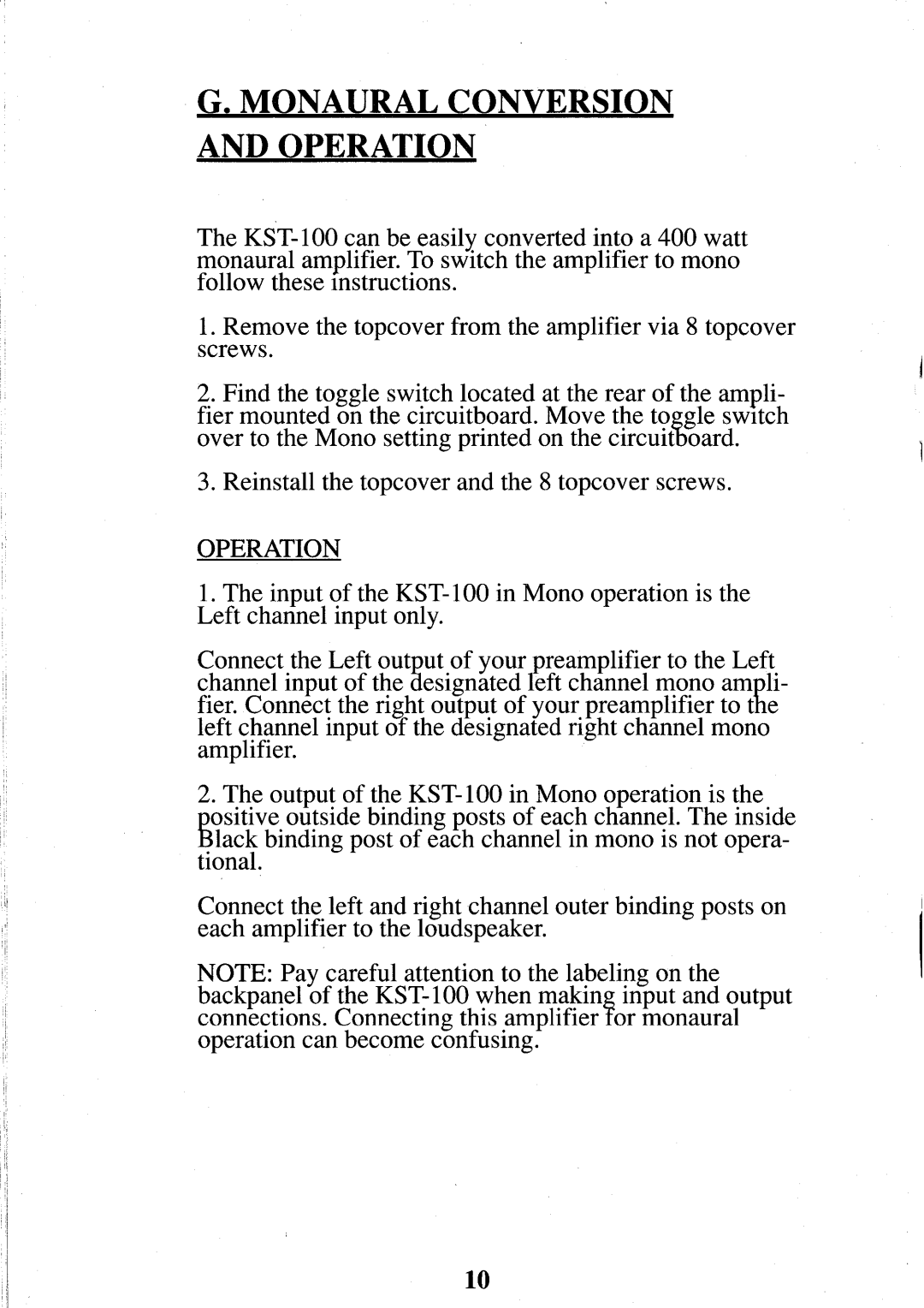 Krell Industries KST100 manual Monaural Conversion and Operation 