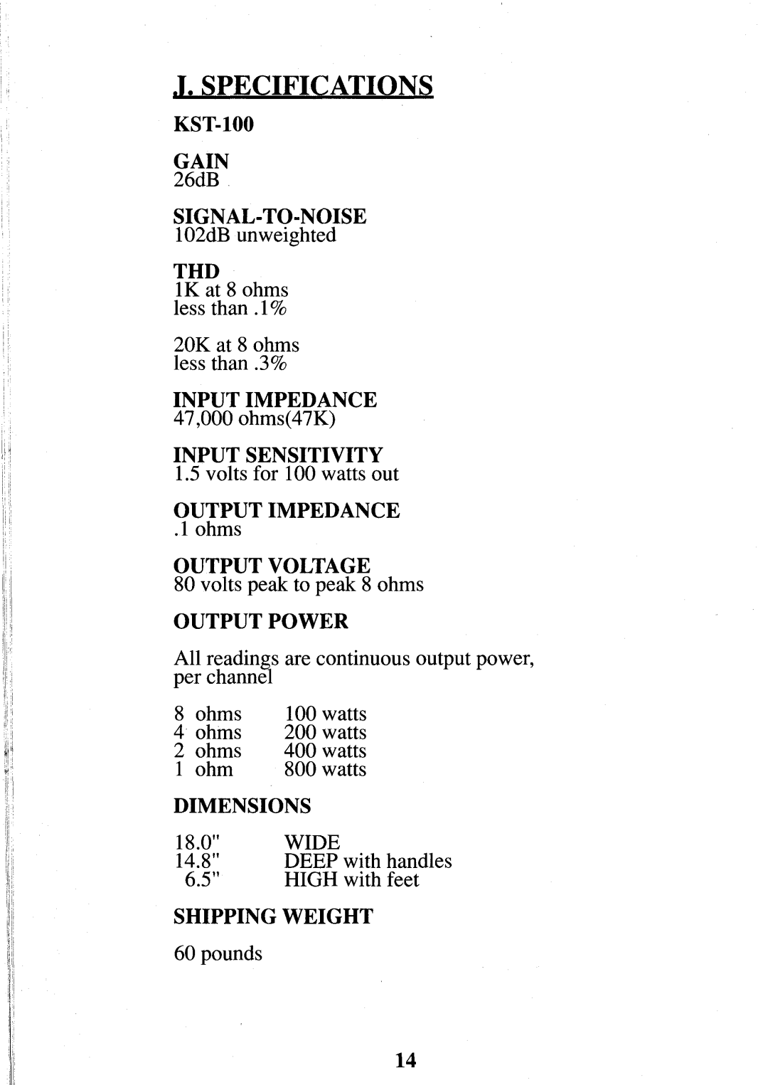 Krell Industries KST100 manual ¯ I. Specifications 