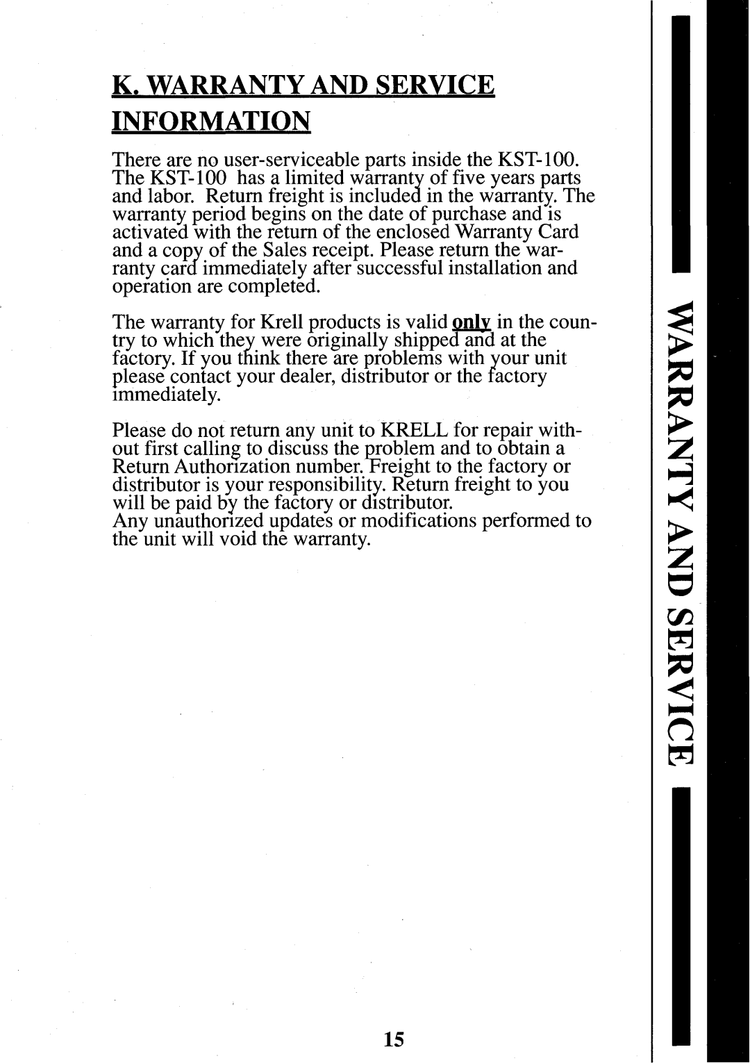 Krell Industries KST100 manual Warrantyand Service Information 