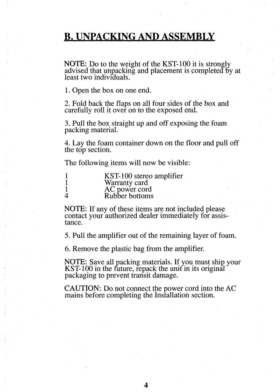 Krell Industries KST100 manual Unpacking and Assembly 