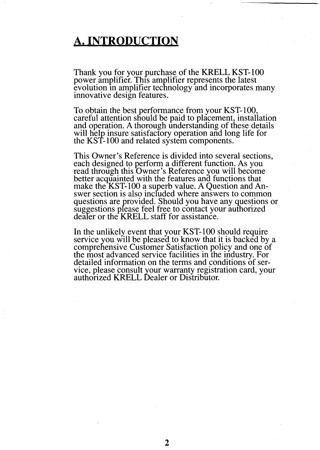 Krell Industries KST100 manual A, Introduction 