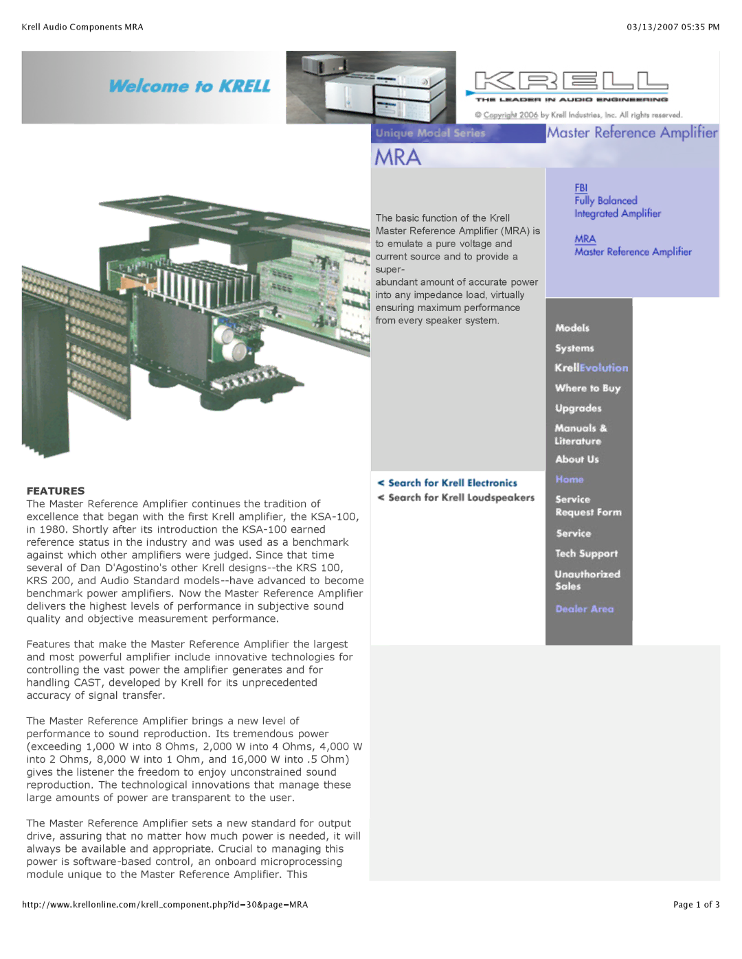 Krell Industries Master Reference Amplifie manual Features 