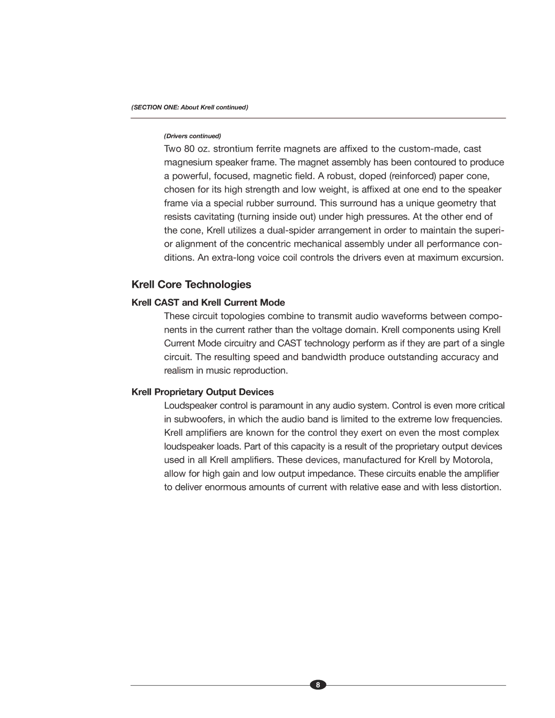 Krell Industries MASTER REFERENCE SUBWOOFER manual Krell Core Technologies, Krell Cast and Krell Current Mode 