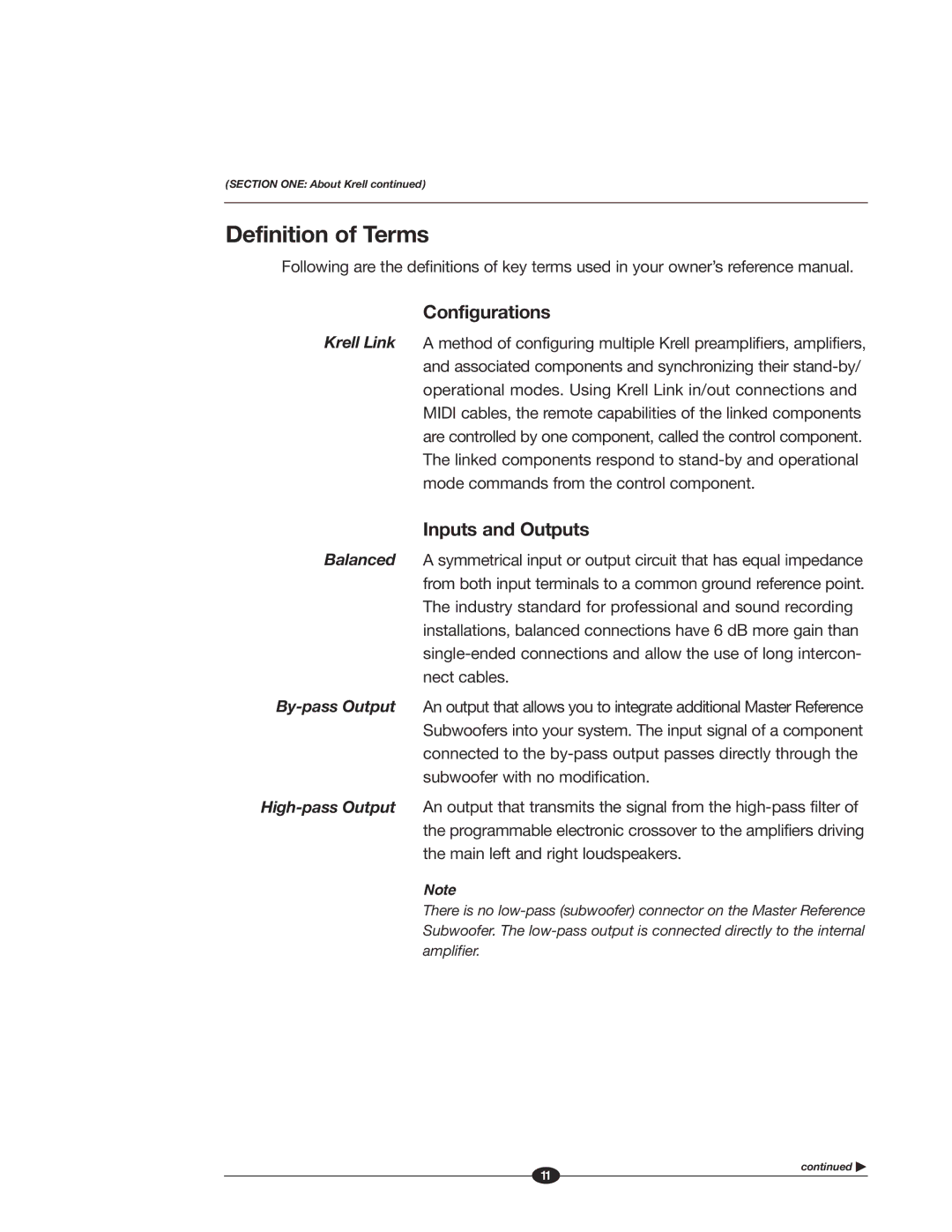 Krell Industries MASTER REFERENCE SUBWOOFER manual Definition of Terms, Configurations, Inputs and Outputs 