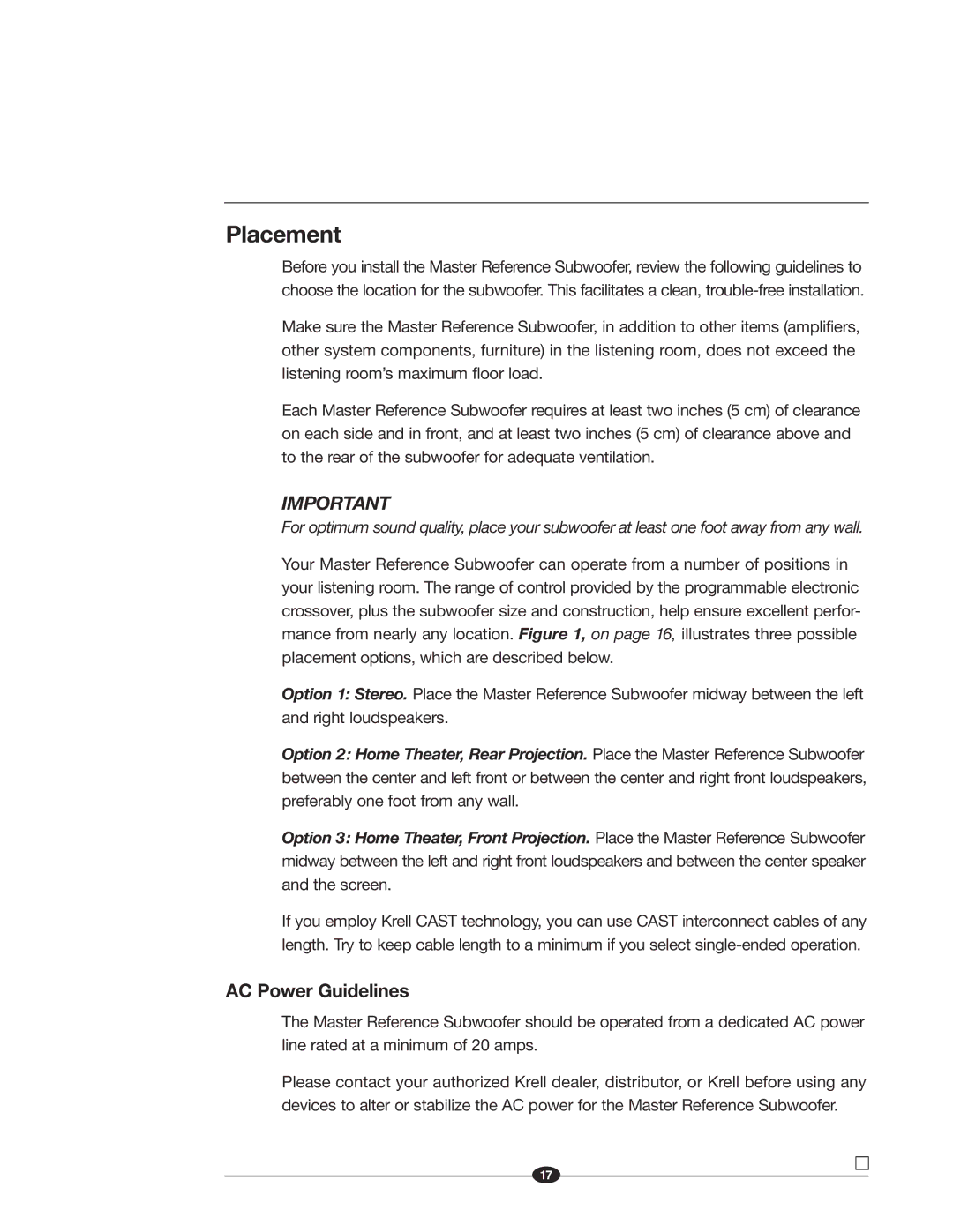 Krell Industries MASTER REFERENCE SUBWOOFER manual Placement, AC Power Guidelines 