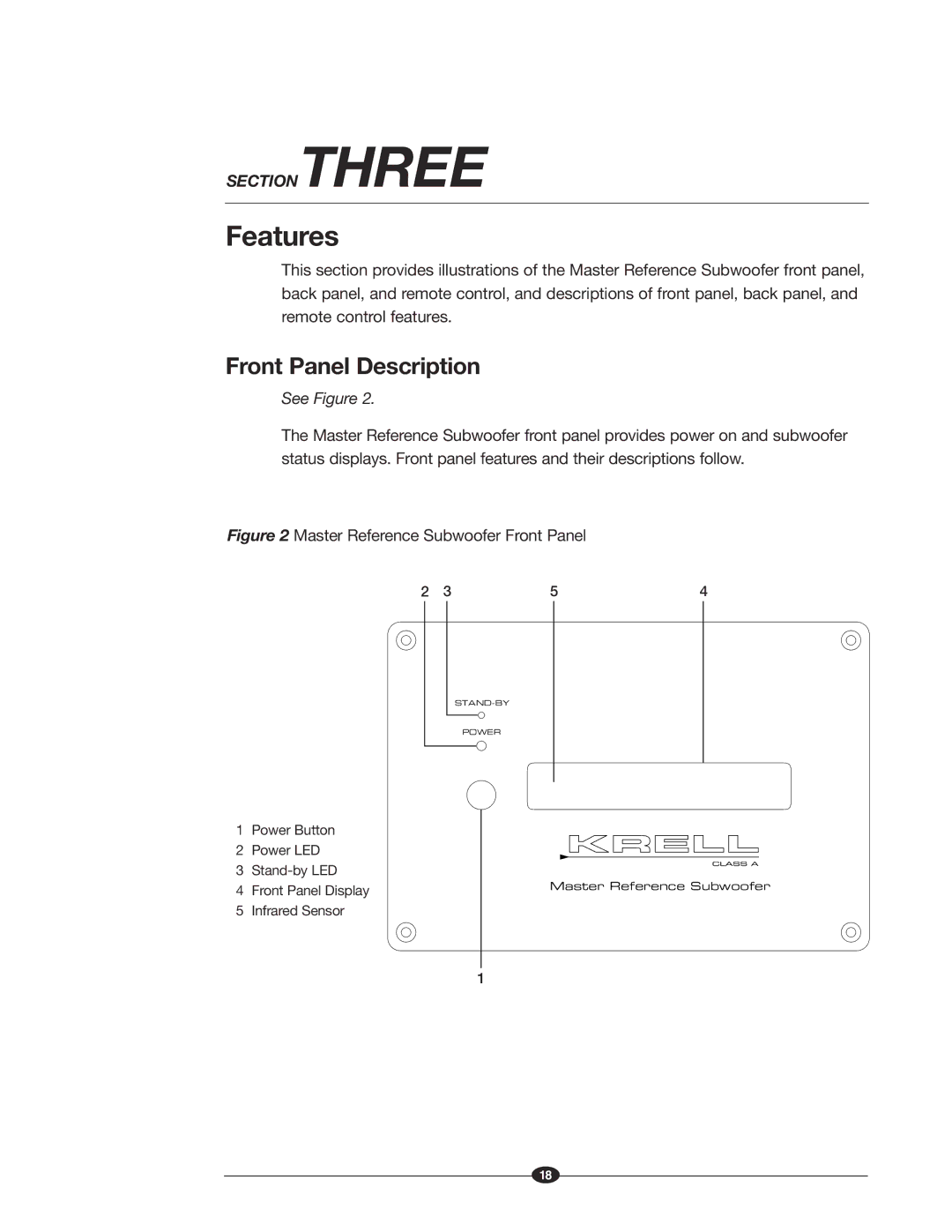 Krell Industries MASTER REFERENCE SUBWOOFER manual Features, Front Panel Description 