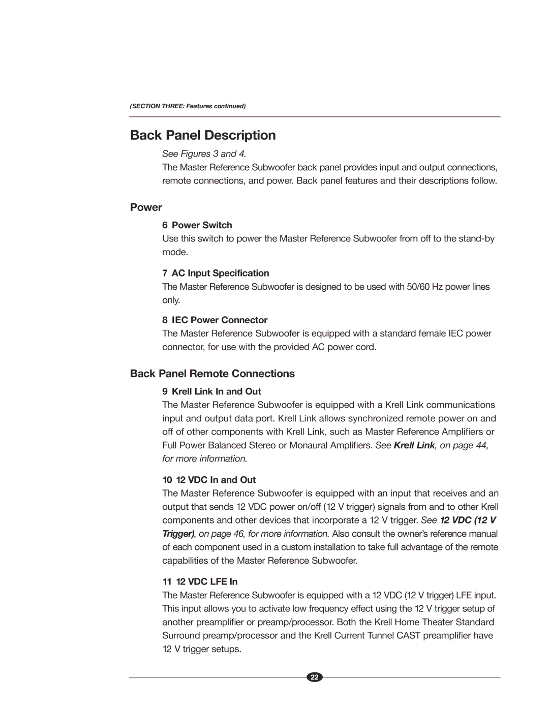 Krell Industries MASTER REFERENCE SUBWOOFER manual Back Panel Description, Power, Back Panel Remote Connections 