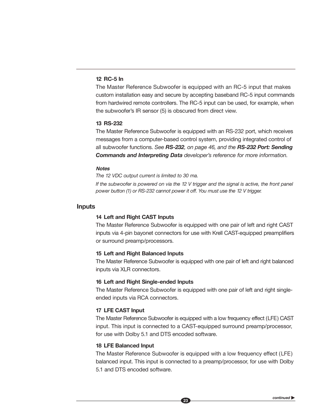 Krell Industries MASTER REFERENCE SUBWOOFER manual Inputs 