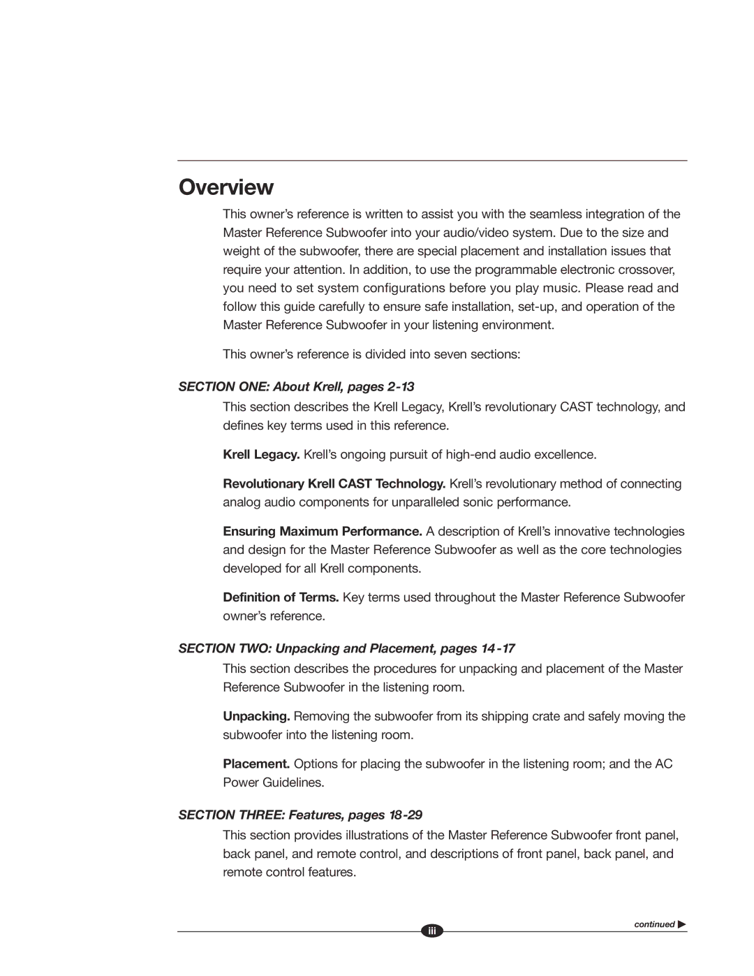 Krell Industries MASTER REFERENCE SUBWOOFER manual Overview, Section ONE About Krell, pages 