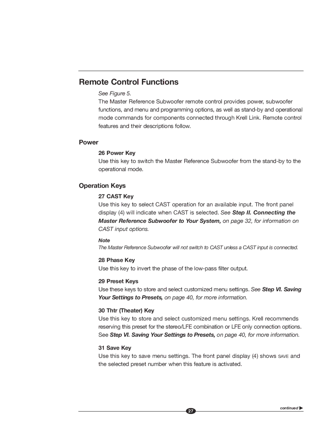 Krell Industries MASTER REFERENCE SUBWOOFER manual Remote Control Functions, Operation Keys 