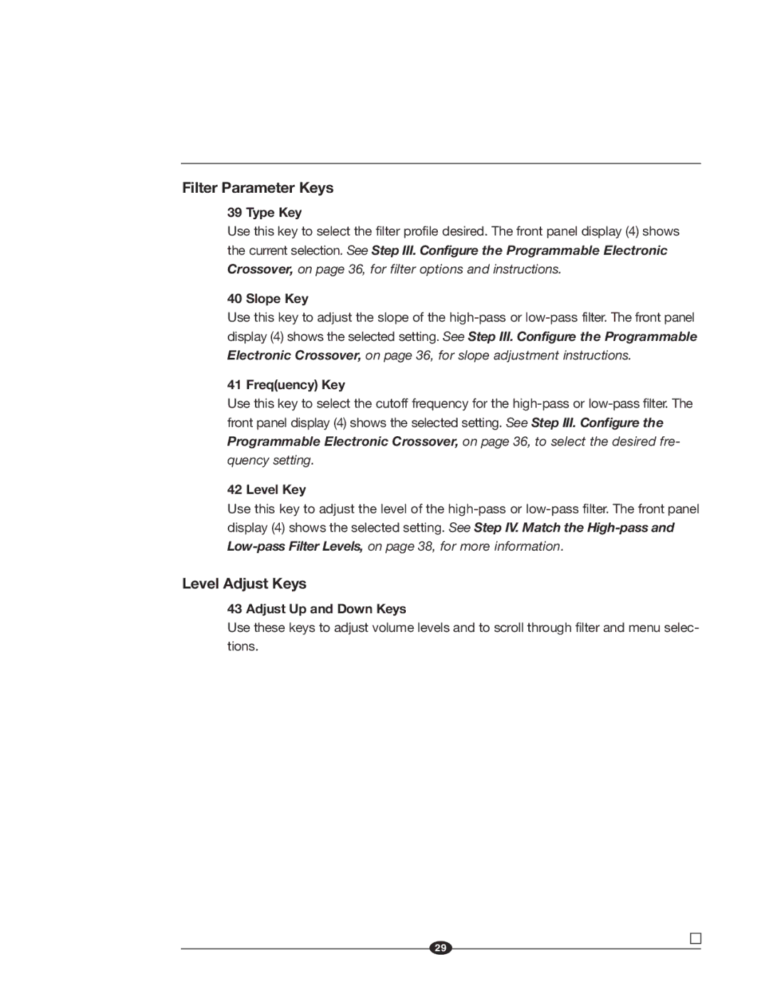 Krell Industries MASTER REFERENCE SUBWOOFER manual Filter Parameter Keys, Level Adjust Keys 