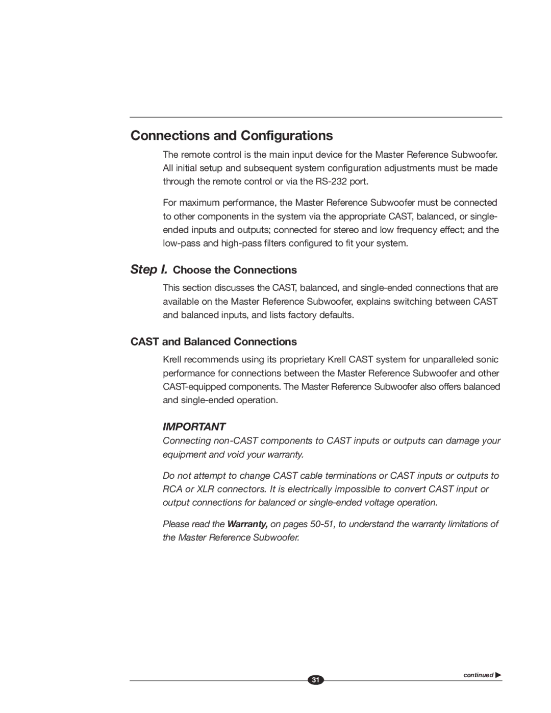 Krell Industries MASTER REFERENCE SUBWOOFER manual Connections and Configurations, Step I. Choose the Connections 