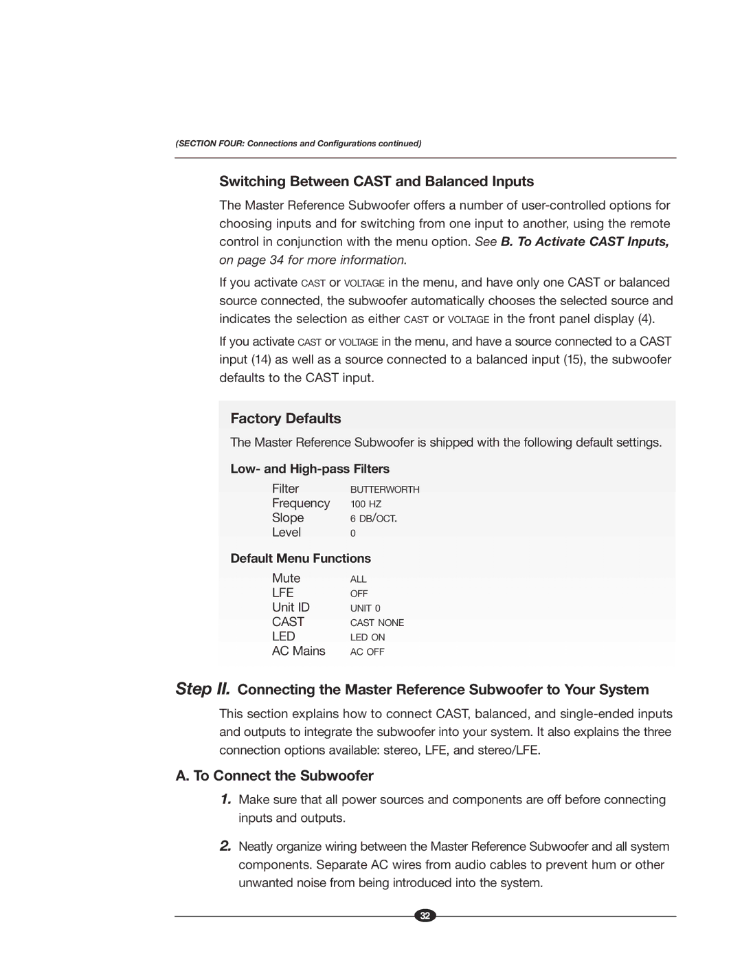 Krell Industries MASTER REFERENCE SUBWOOFER manual Switching Between Cast and Balanced Inputs, Factory Defaults 