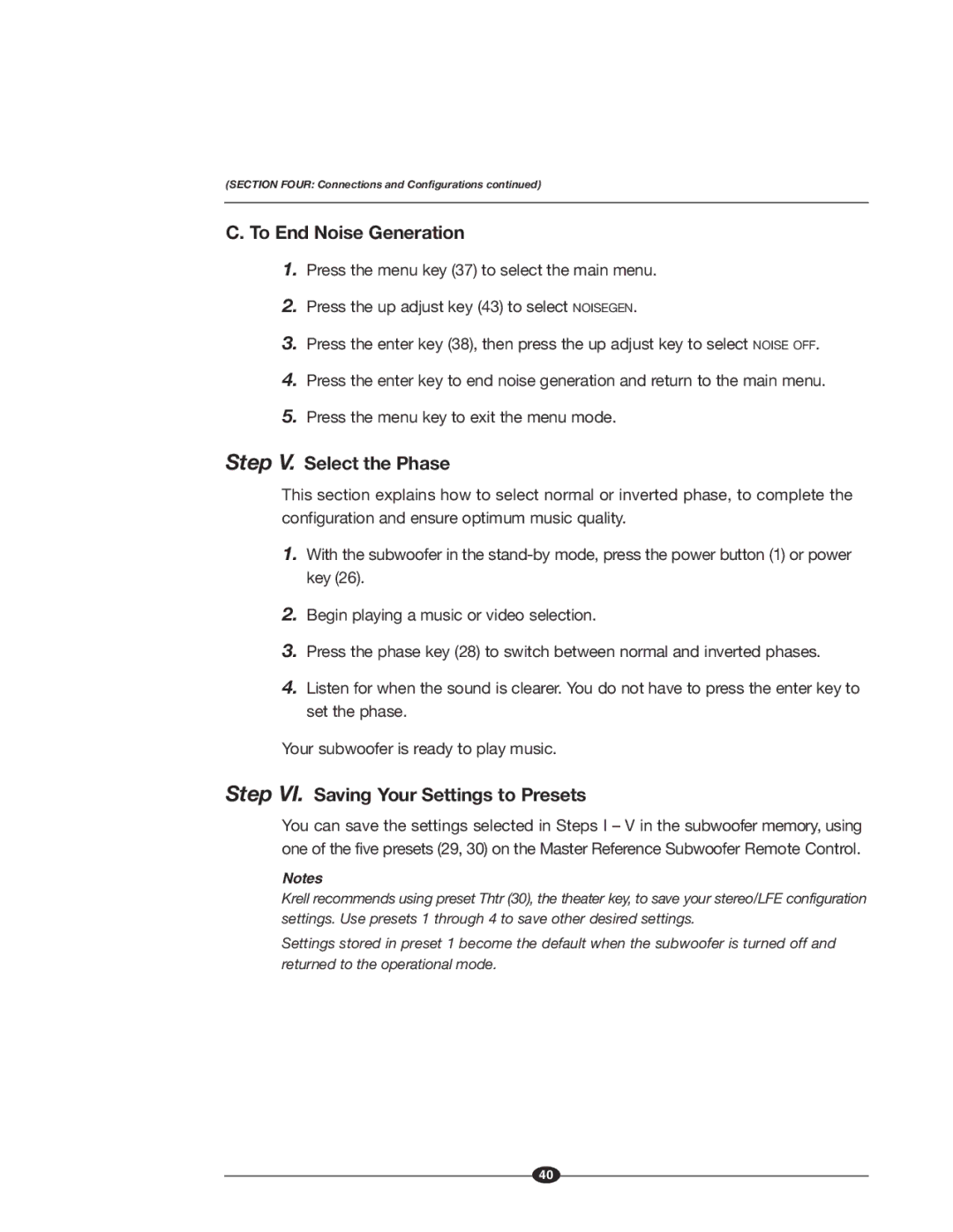 Krell Industries MASTER REFERENCE SUBWOOFER manual To End Noise Generation, Step V. Select the Phase 