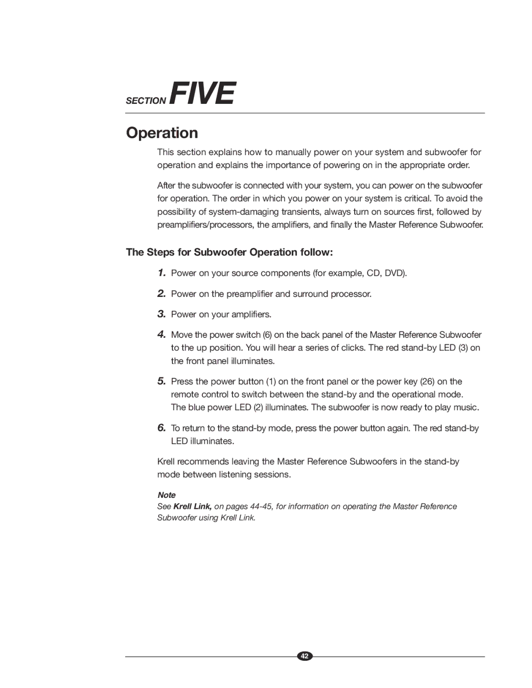 Krell Industries MASTER REFERENCE SUBWOOFER manual Steps for Subwoofer Operation follow 