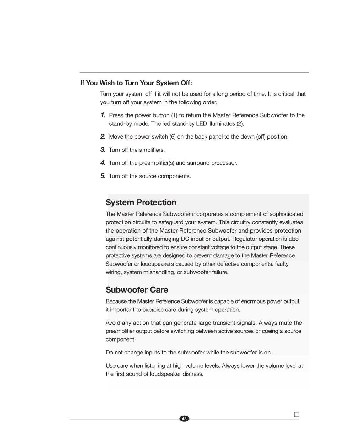 Krell Industries MASTER REFERENCE SUBWOOFER manual System Protection, Subwoofer Care, If You Wish to Turn Your System Off 