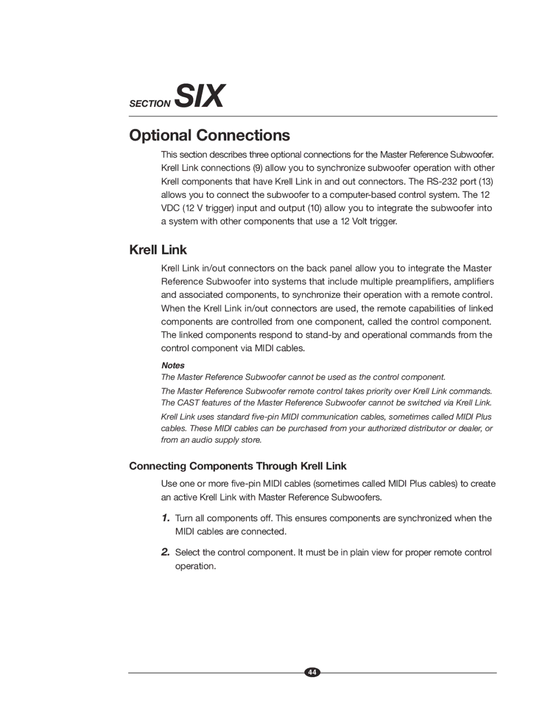 Krell Industries MASTER REFERENCE SUBWOOFER manual Optional Connections, Connecting Components Through Krell Link 