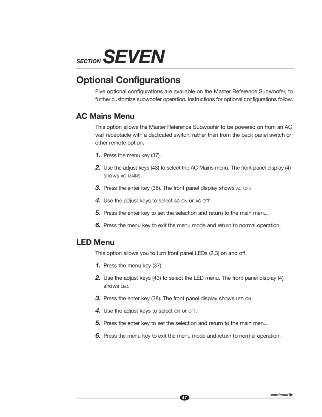 Krell Industries MASTER REFERENCE SUBWOOFER manual Optional Configurations, AC Mains Menu, LED Menu 