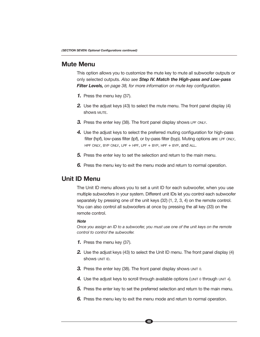 Krell Industries MASTER REFERENCE SUBWOOFER manual Mute Menu, Unit ID Menu 