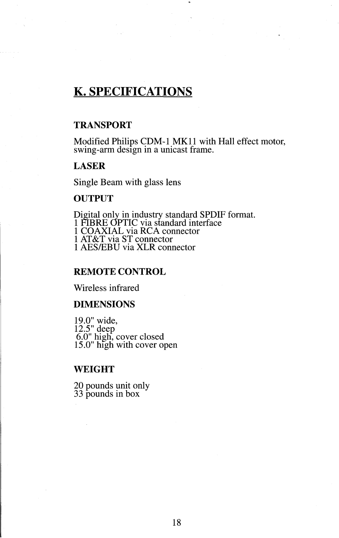 Krell Industries MD-20 manual Specifications 