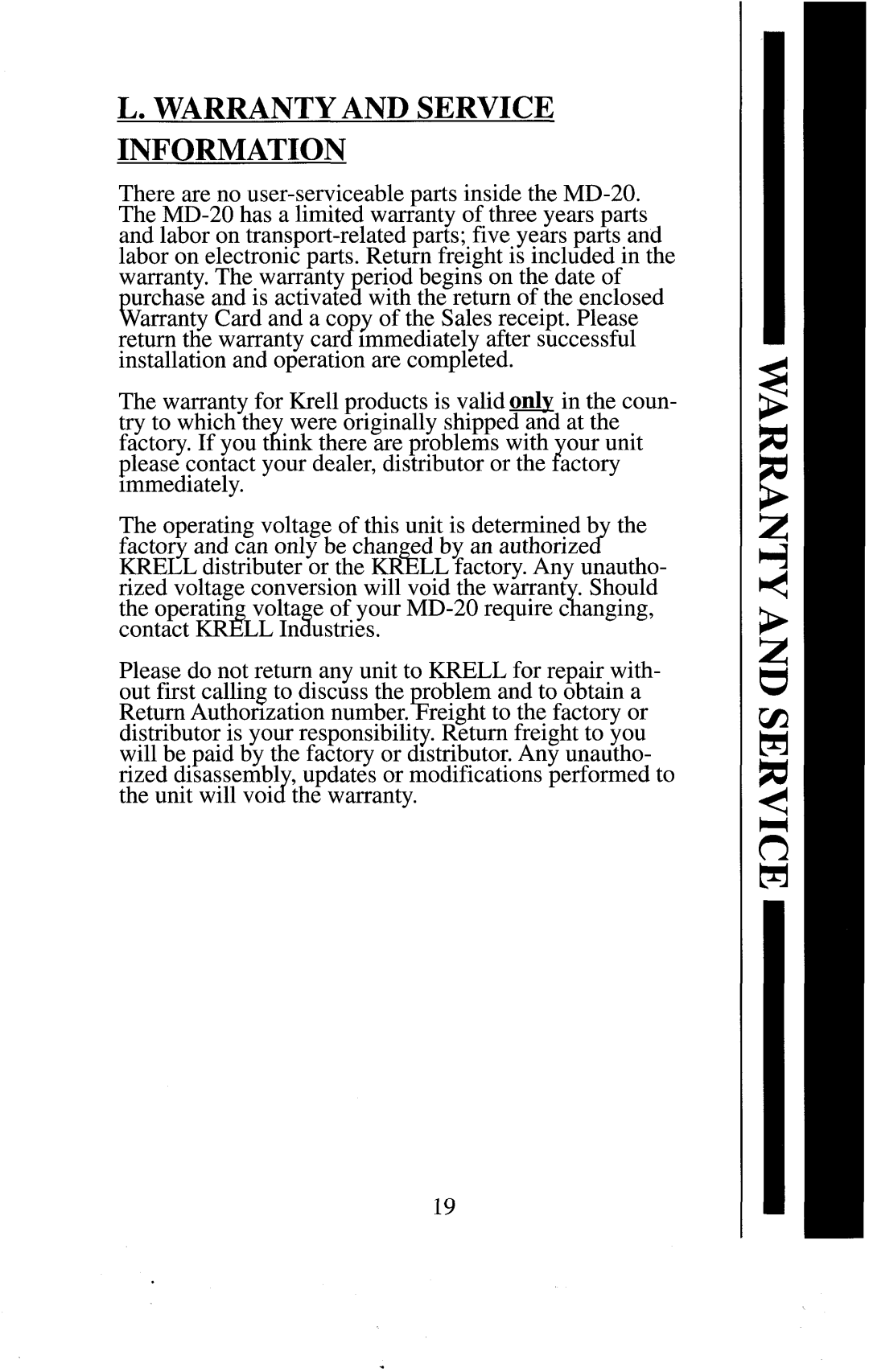 Krell Industries MD-20 manual Warrantyand Service Information 