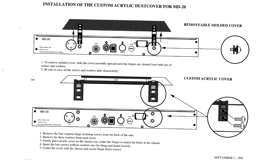 Krell Industries MD-20 manual Custom Acrylic Cover 