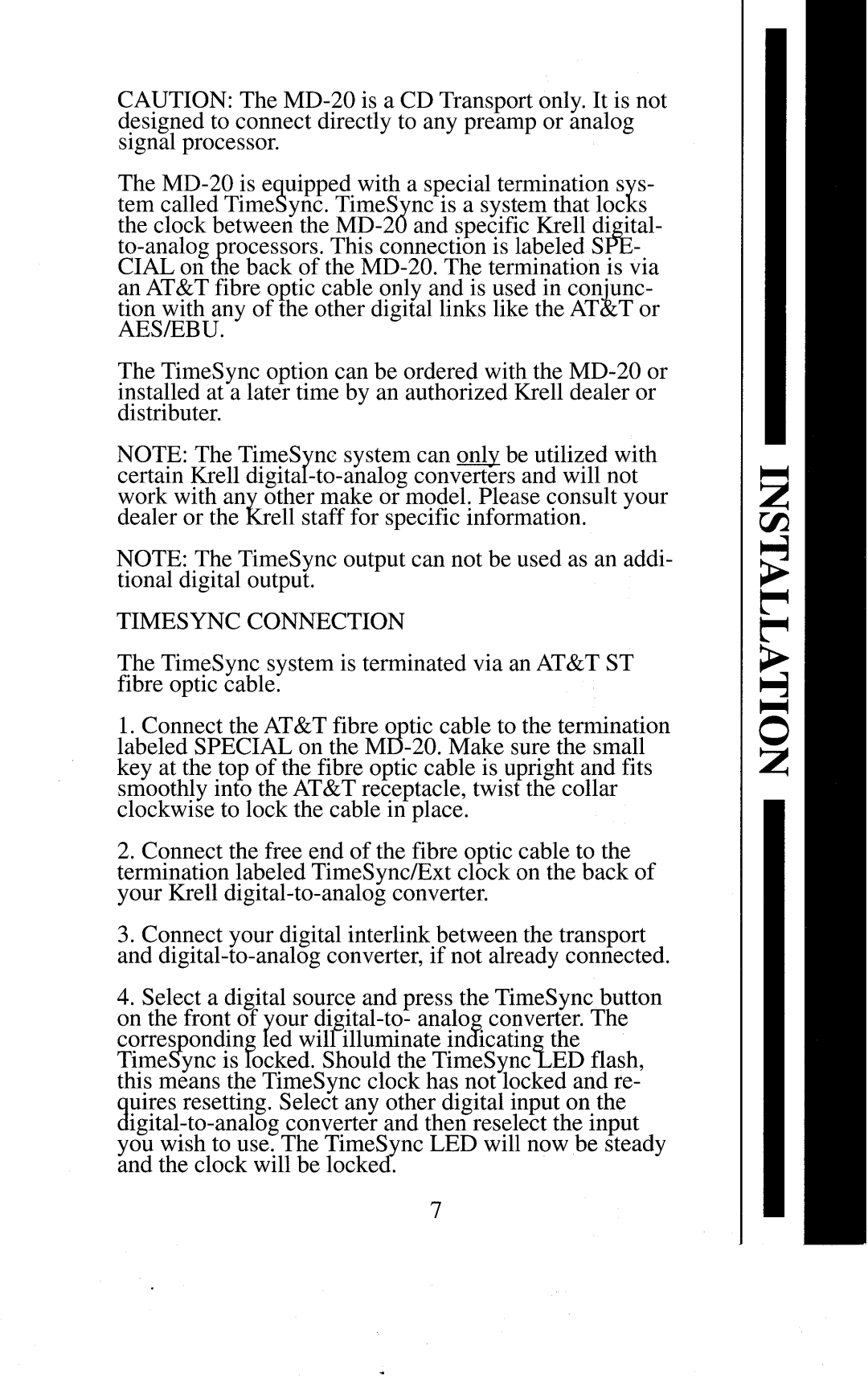 Krell Industries MD-20 manual Timesync Connection 