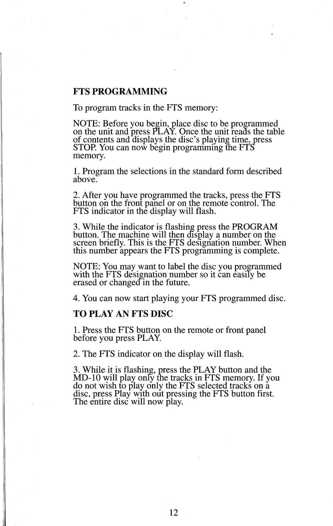 Krell Industries MD-20 manual Fts Programming, To Play An Fts Disc 