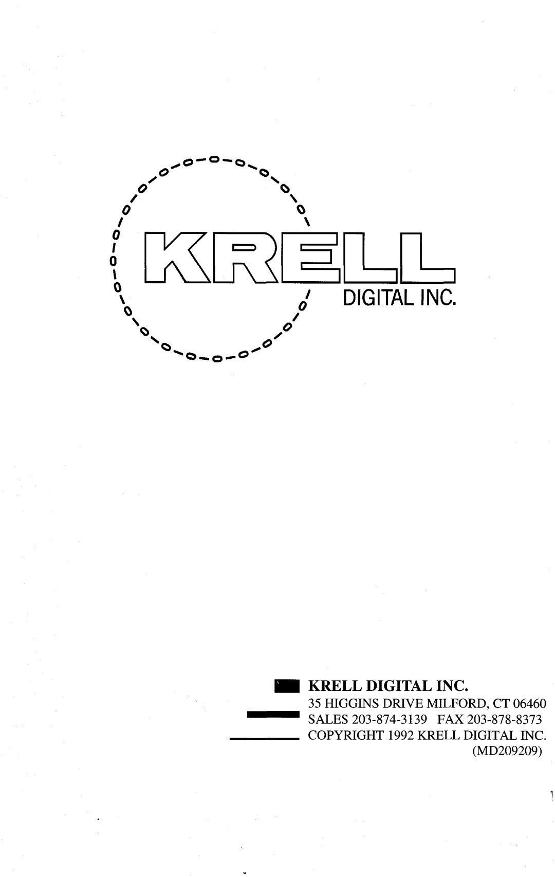 Krell Industries MD-20 manual Krell Digital Inc, COPYRIGHT1992 KRELLDIGITAL INC MD209209 