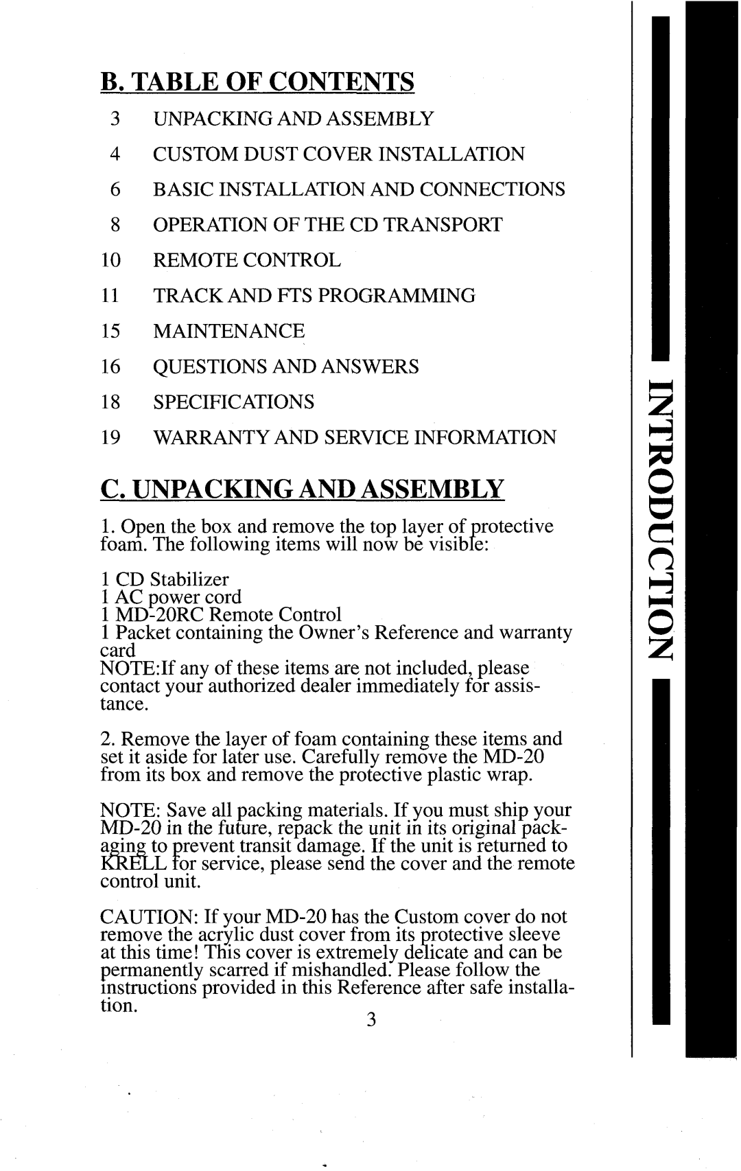 Krell Industries MD-20 manual B. Table Of Contents, C.Unpacking And Assembly 